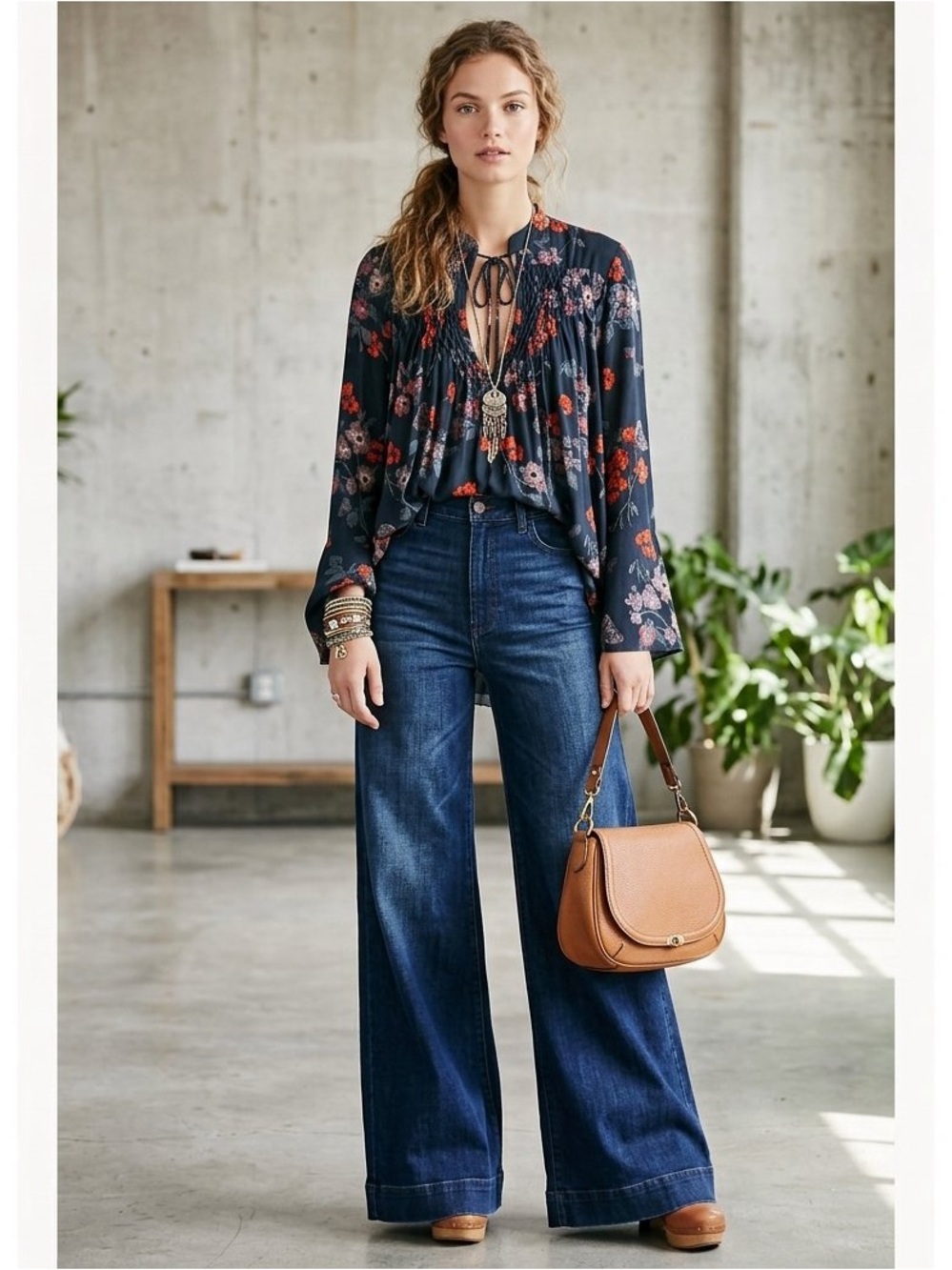 Free People So Fine Smocked Tunic Blouse Navy Floral Butterfly Sz XS Boho-Chic